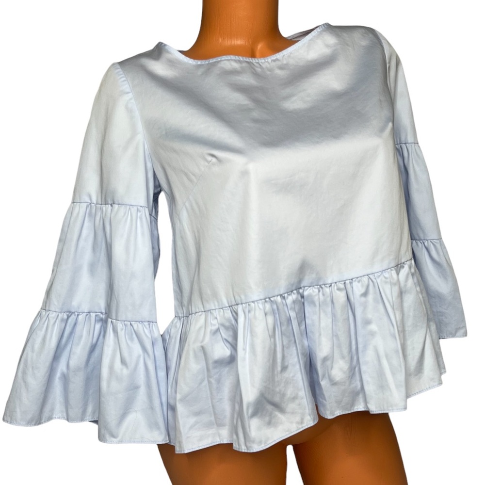 Tyler Böe Womens Light Ice Blue Tiered Flutter Cropped  Blouse Size Small